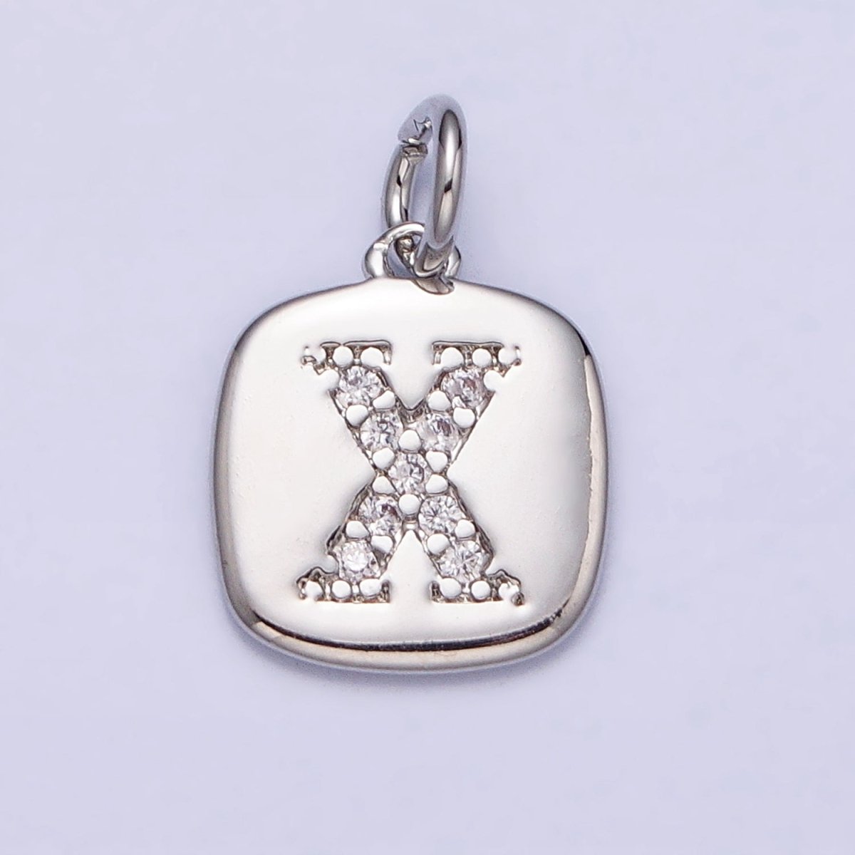 Silver Tag Square CZ Clear Micro Paved Initial Alphabet Dainty Personalized Name Tag Charm | A-266-A-278
