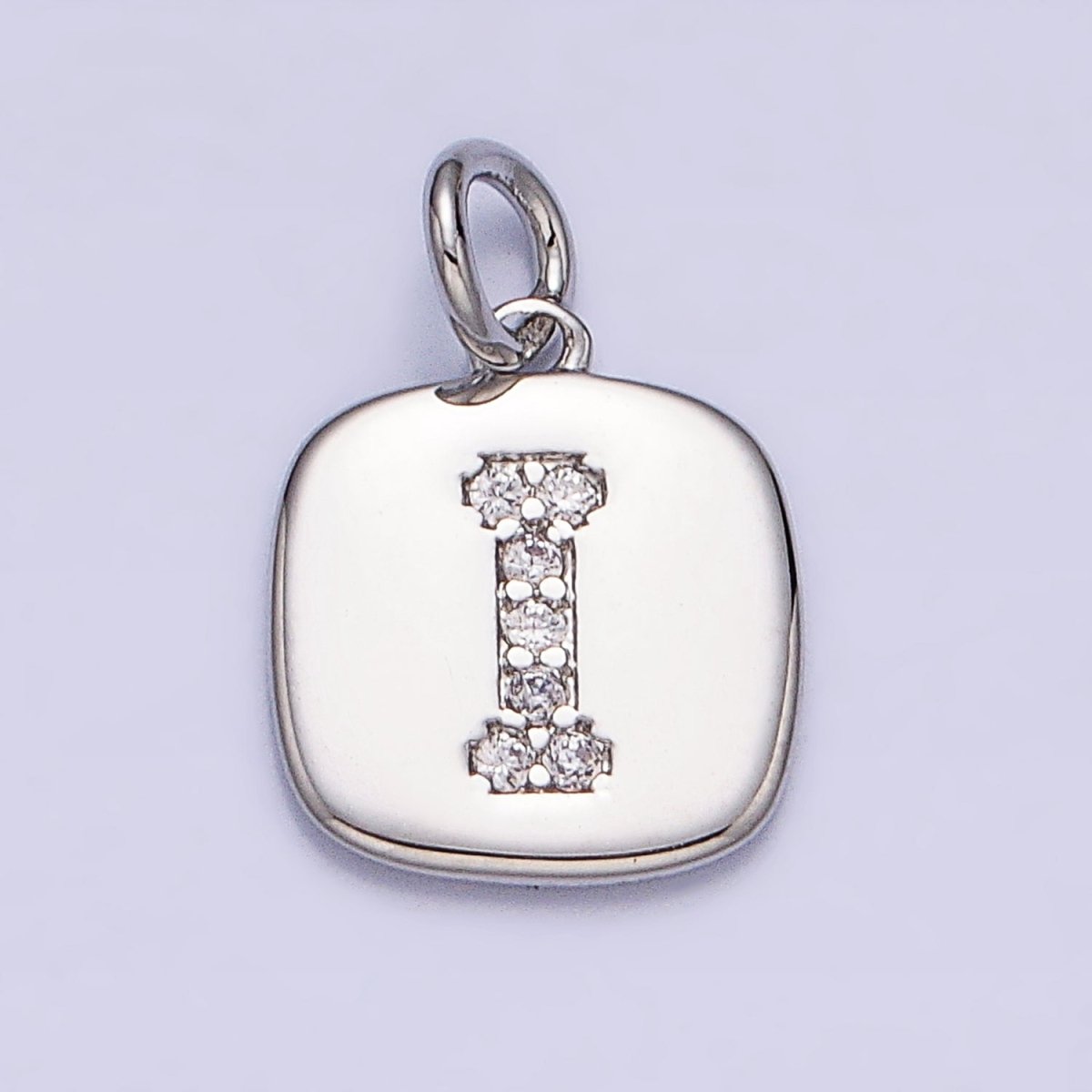 Silver Tag Square CZ Clear Micro Paved Initial Alphabet Dainty Personalized Name Tag Charm | A-266-A-278