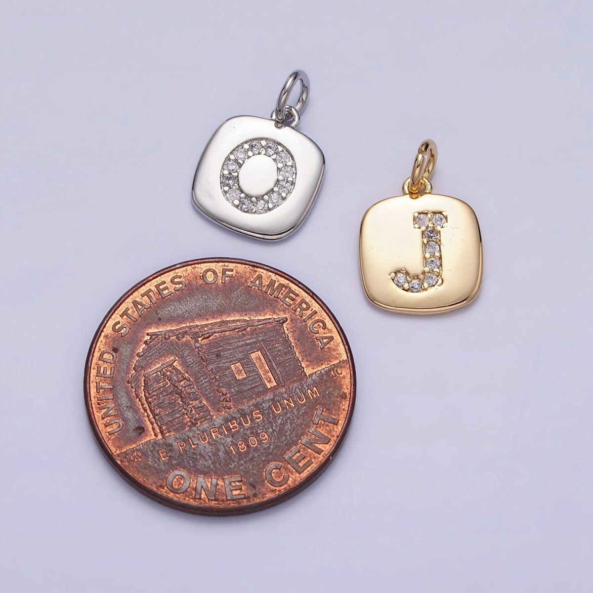 Silver Tag Square CZ Clear Micro Paved Initial Alphabet Dainty Personalized Name Tag Charm | A-266-A-278