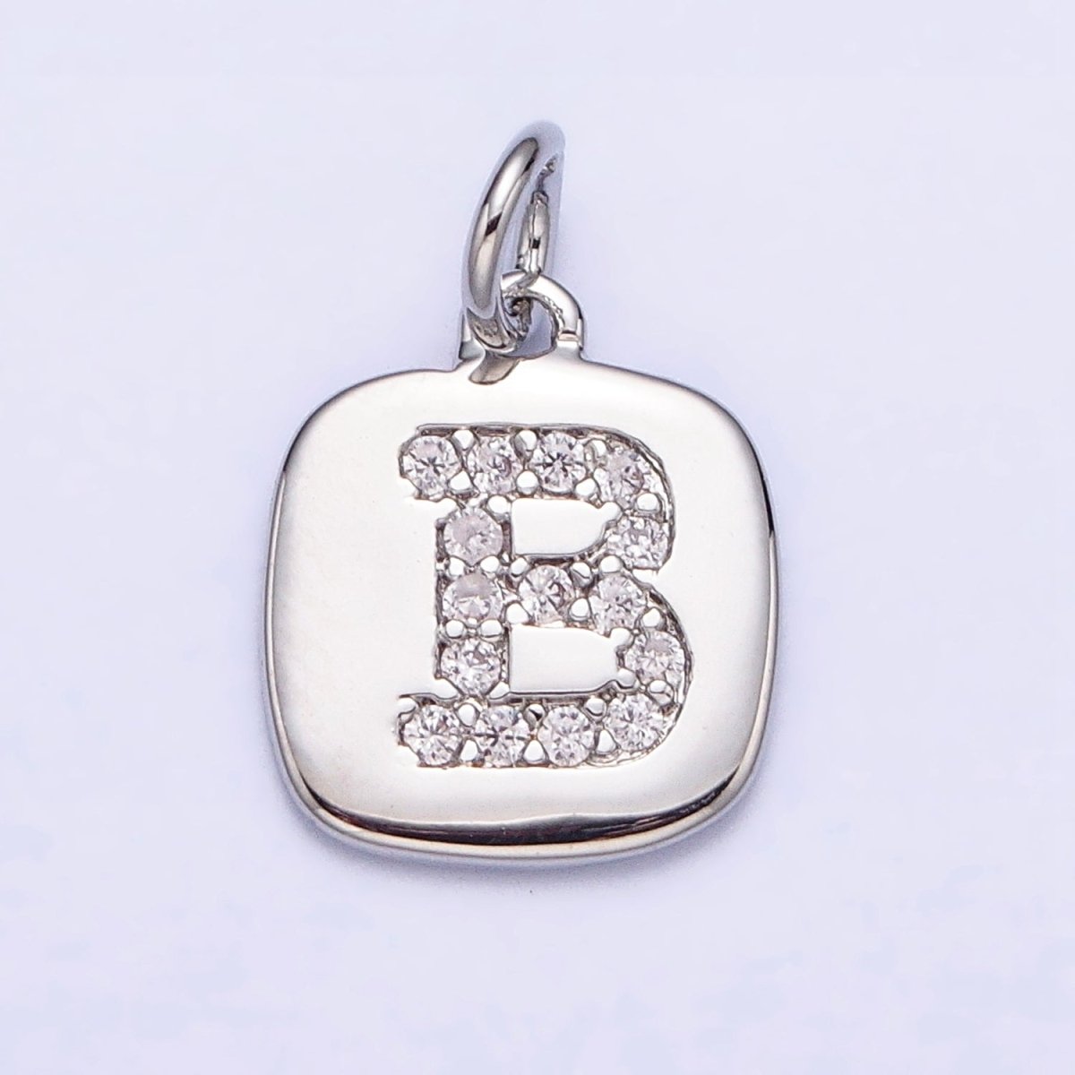 Silver Tag Square CZ Clear Micro Paved Initial Alphabet Dainty Personalized Name Tag Charm | A-266-A-278