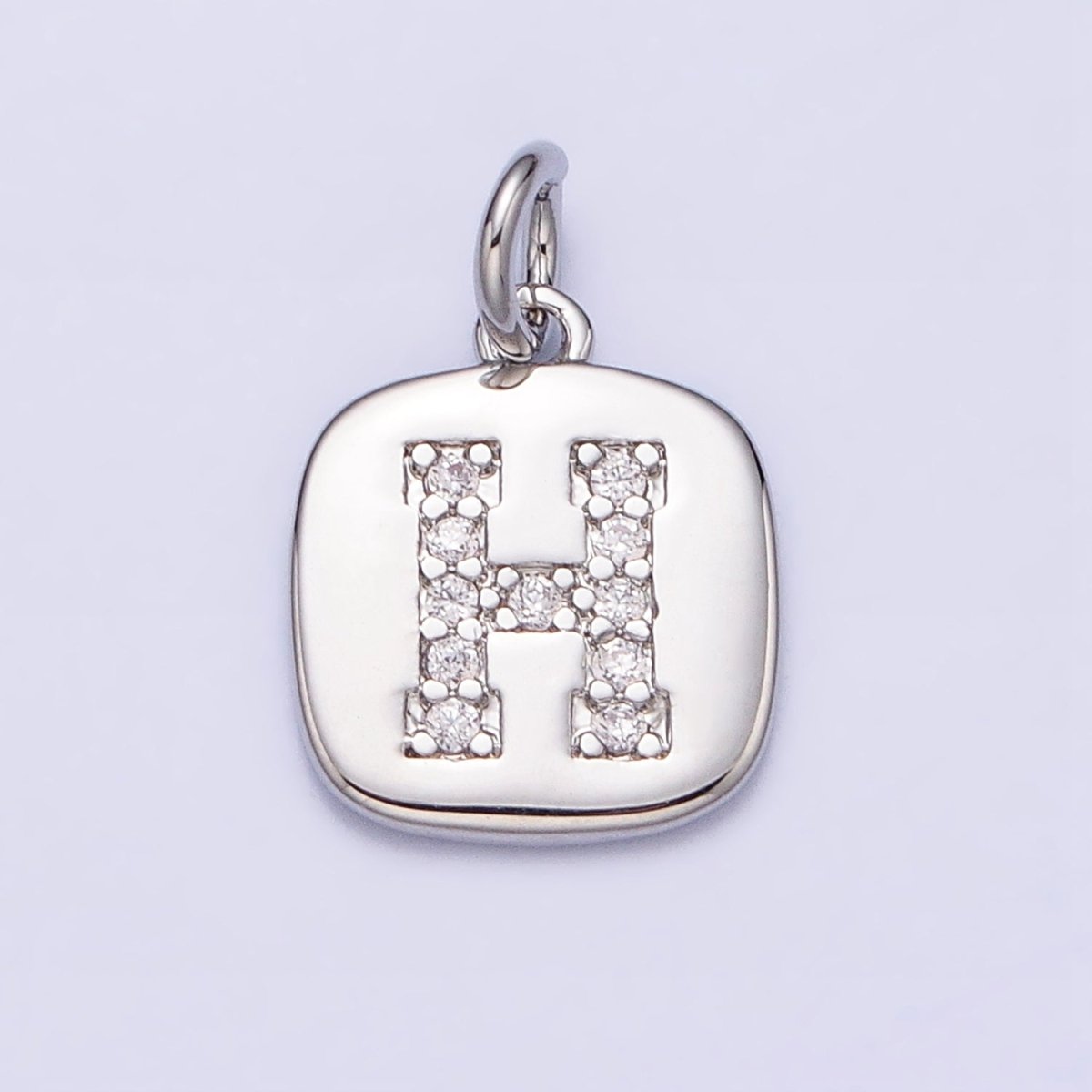 Silver Tag Square CZ Clear Micro Paved Initial Alphabet Dainty Personalized Name Tag Charm | A-266-A-278