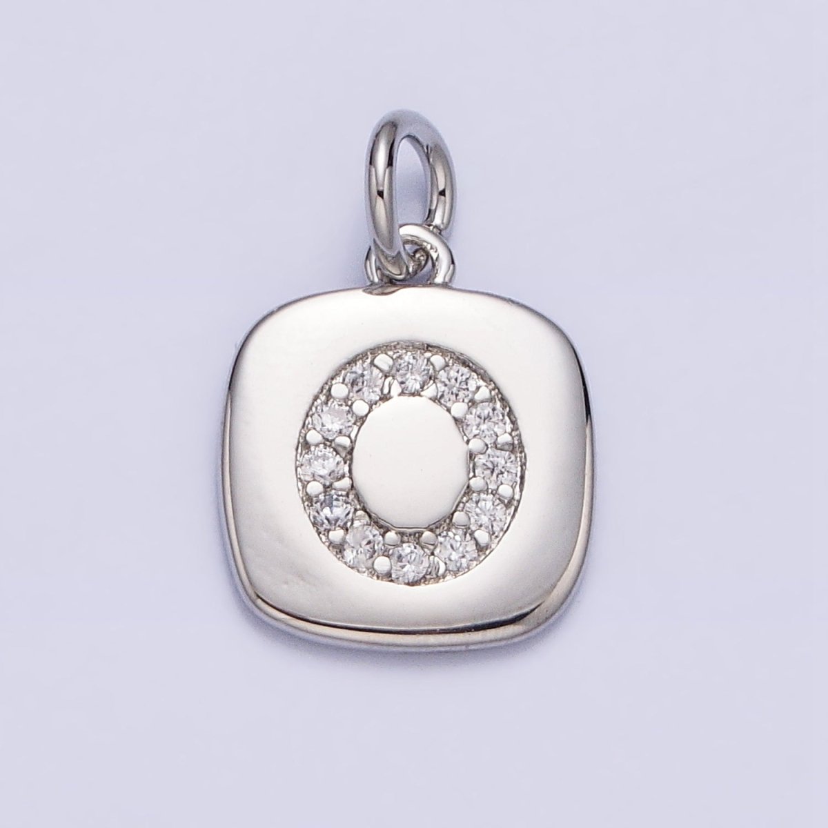 Silver Tag Square CZ Clear Micro Paved Initial Alphabet Dainty Personalized Name Tag Charm | A-266-A-278