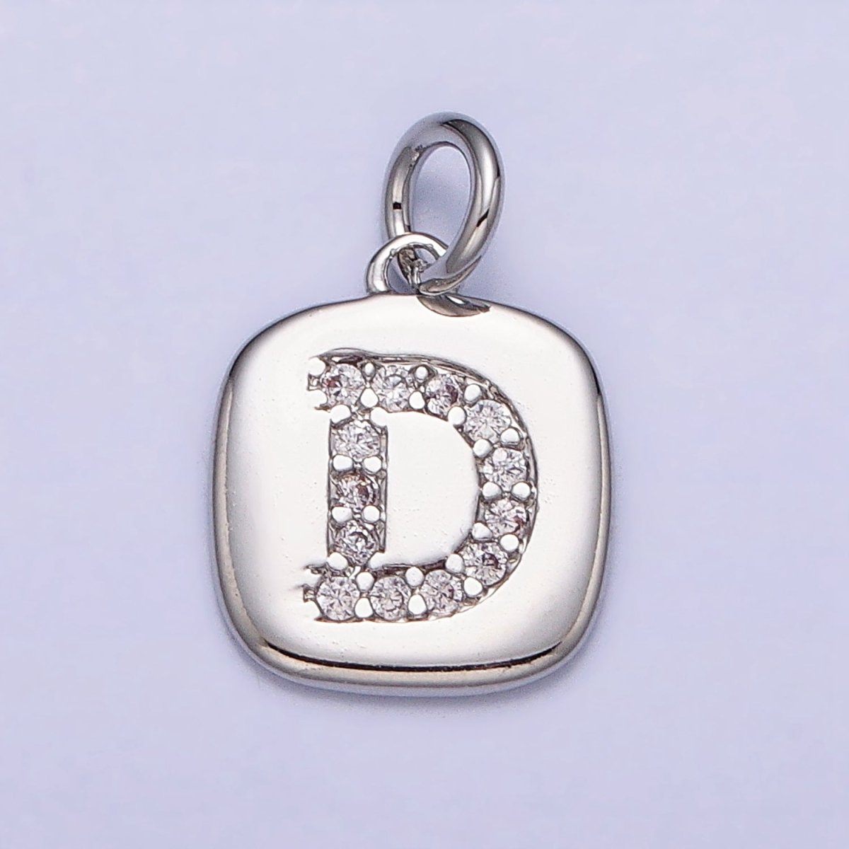 Silver Tag Square CZ Clear Micro Paved Initial Alphabet Dainty Personalized Name Tag Charm | A-266-A-278