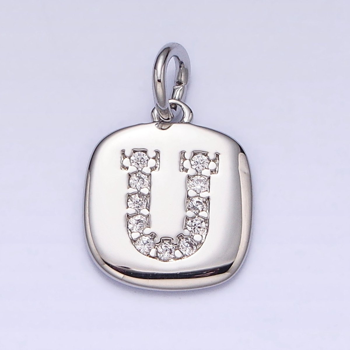 Silver Tag Square CZ Clear Micro Paved Initial Alphabet Dainty Personalized Name Tag Charm | A-266-A-278