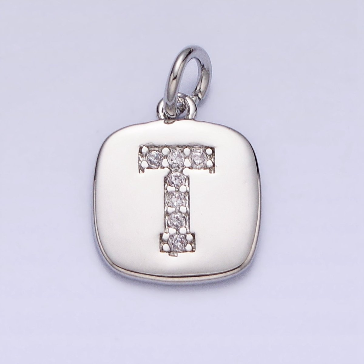 Silver Tag Square CZ Clear Micro Paved Initial Alphabet Dainty Personalized Name Tag Charm | A-266-A-278