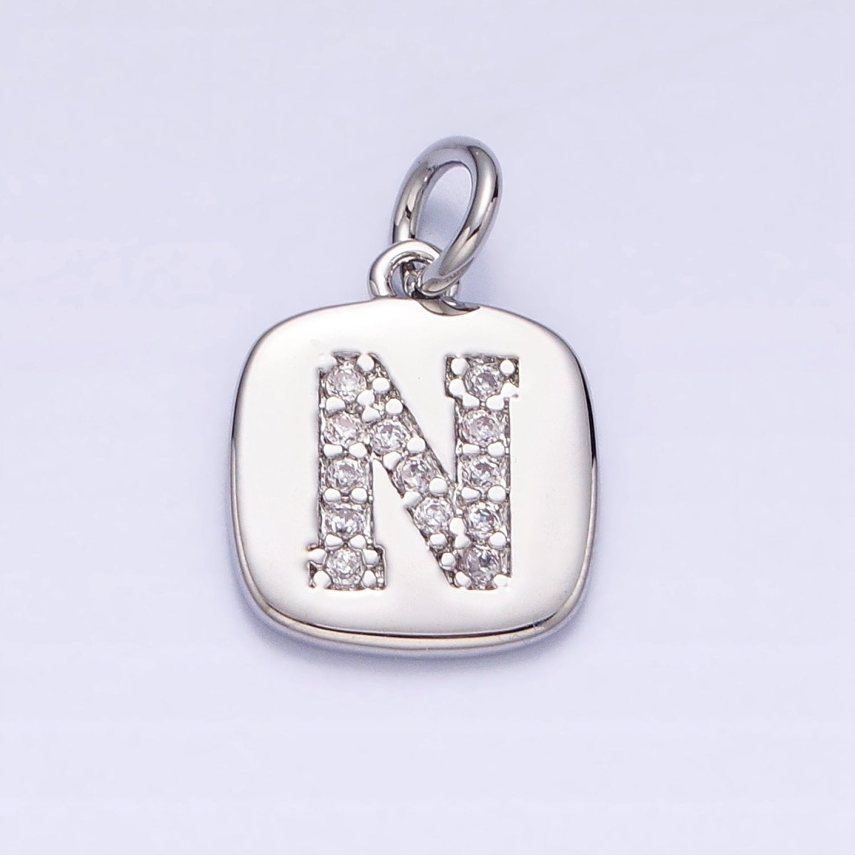 Silver Tag Square CZ Clear Micro Paved Initial Alphabet Dainty Personalized Name Tag Charm | A-266-A-278
