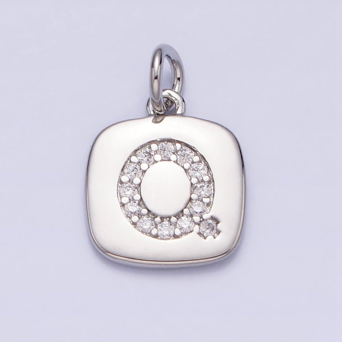Silver Tag Square CZ Clear Micro Paved Initial Alphabet Dainty Personalized Name Tag Charm | A-266-A-278