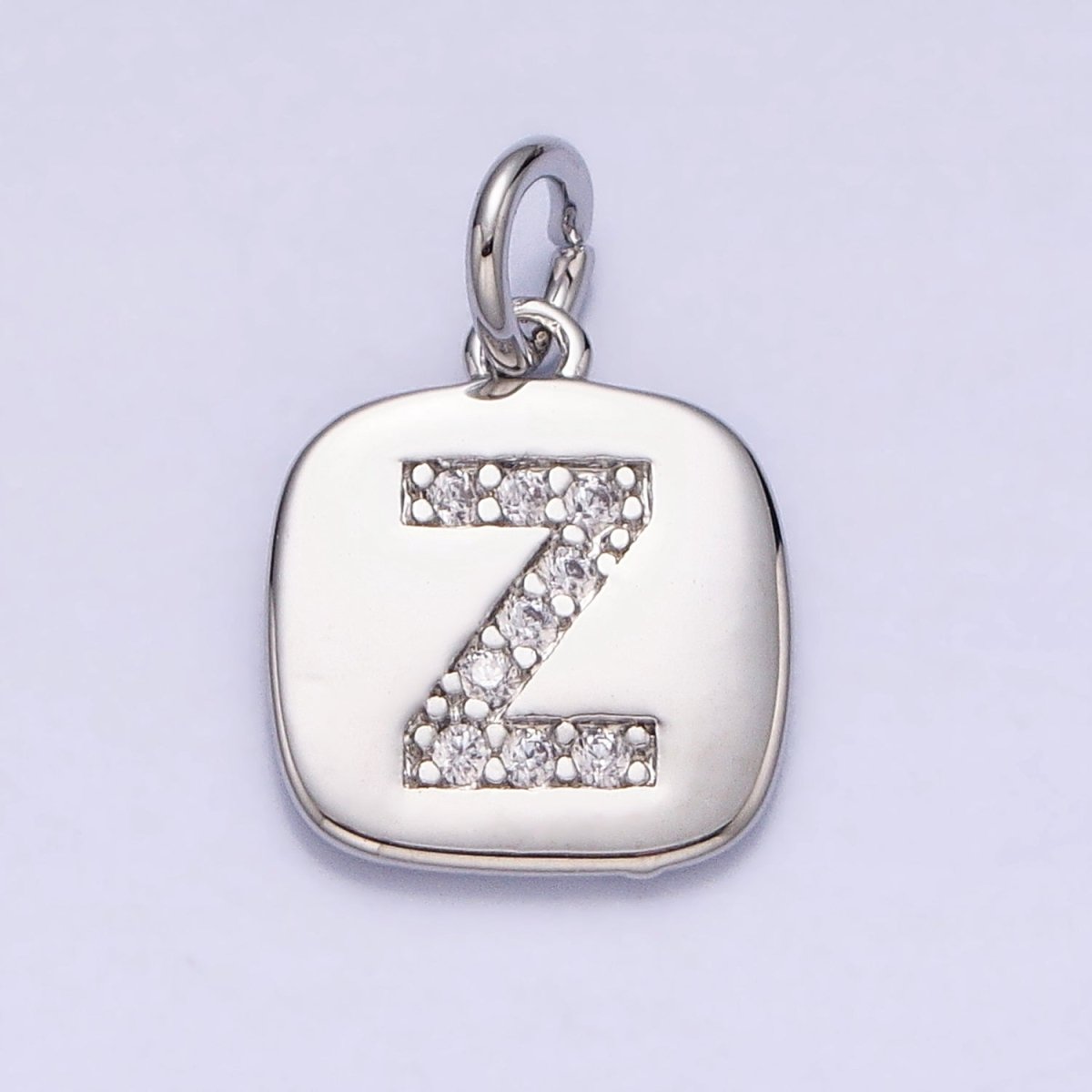 Silver Tag Square CZ Clear Micro Paved Initial Alphabet Dainty Personalized Name Tag Charm | A-266-A-278