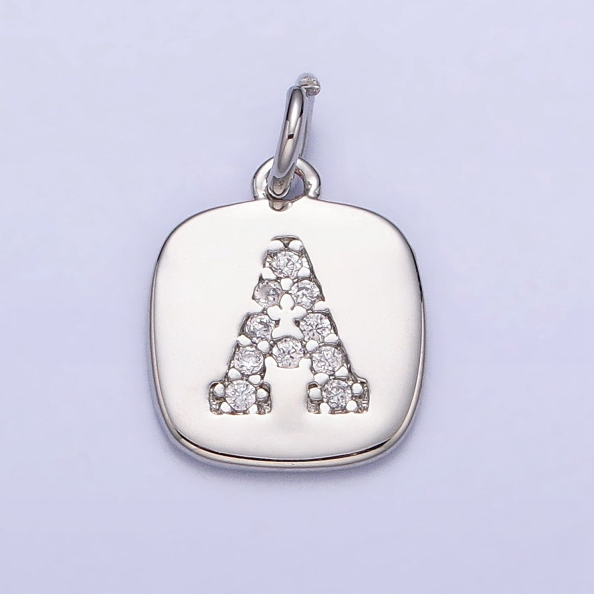 Silver Tag Square CZ Clear Micro Paved Initial Alphabet Dainty Personalized Name Tag Charm | A-266-A-278