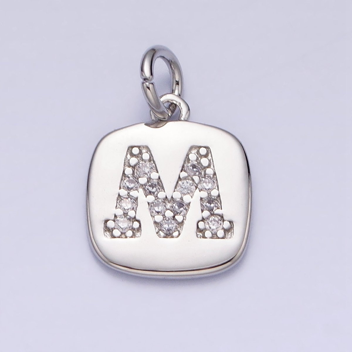 Silver Tag Square CZ Clear Micro Paved Initial Alphabet Dainty Personalized Name Tag Charm | A-266-A-278