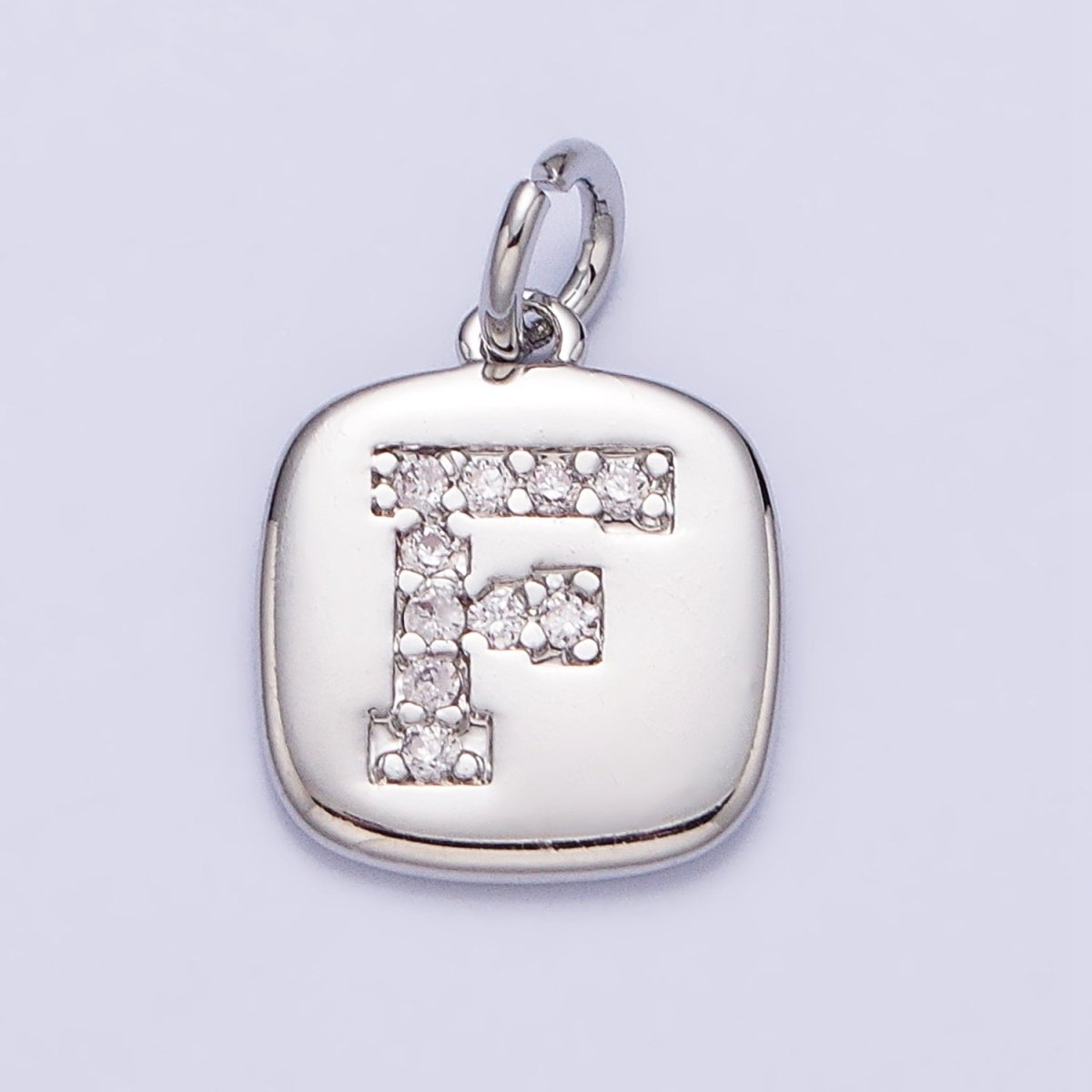 Silver Tag Square CZ Clear Micro Paved Initial Alphabet Dainty Personalized Name Tag Charm | A-266-A-278