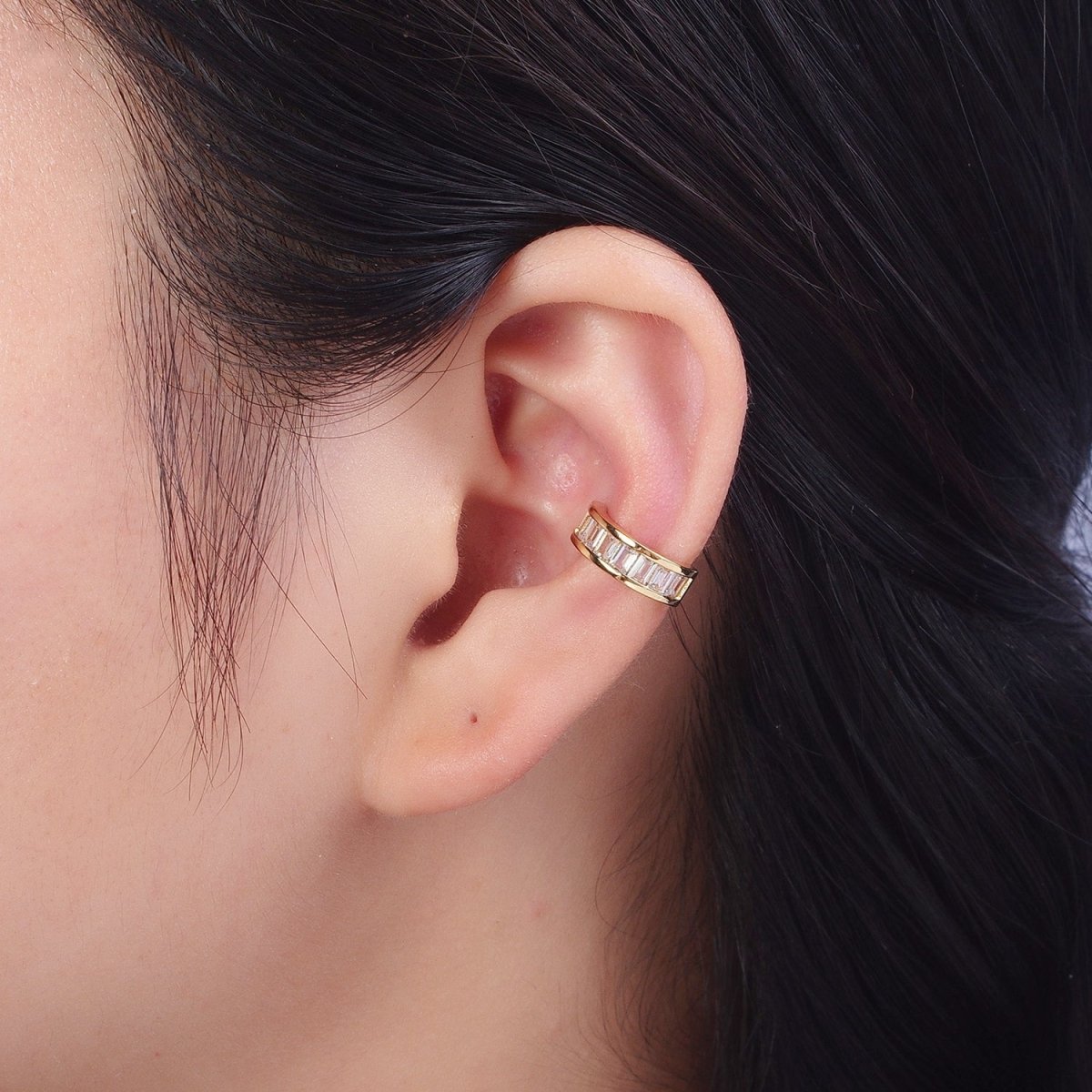 Small Gold Baguette Earcuff Clear Diamond CZ Earrings No Pierce Earring Dainty Earrings AI-088