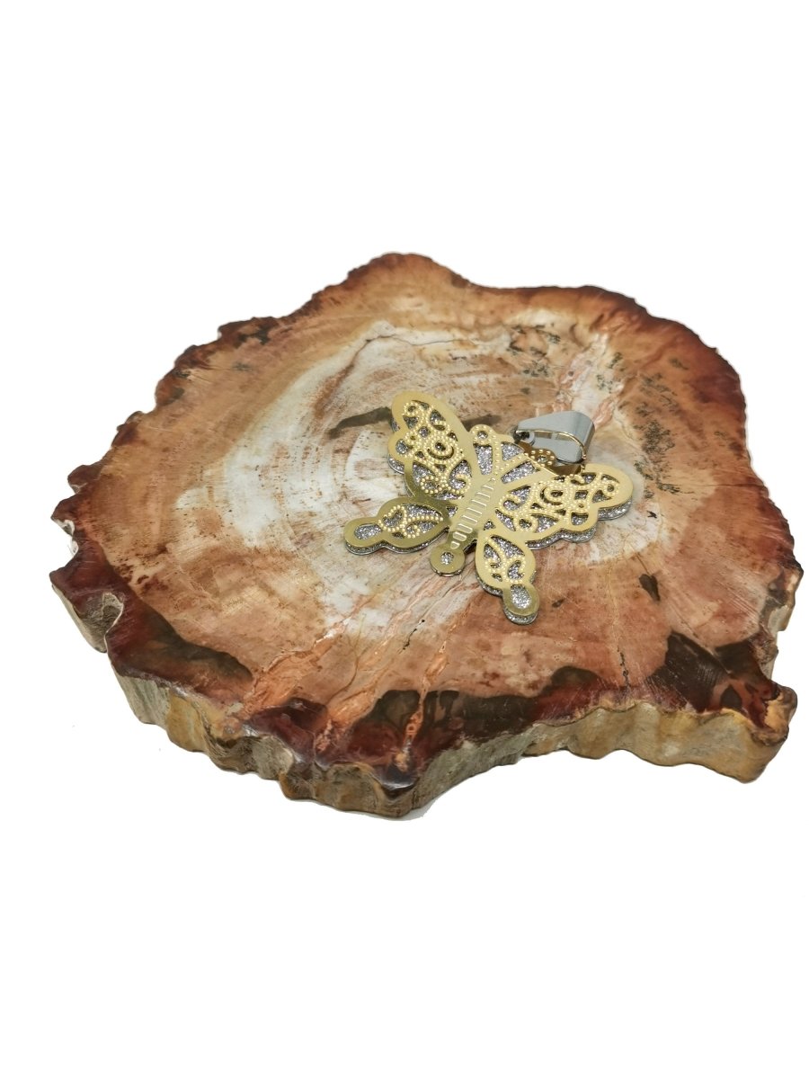 Sparkle Gold Butterfly Pendant Silver Butterfly Charm In Stainless Steel 40x36mm J-738
