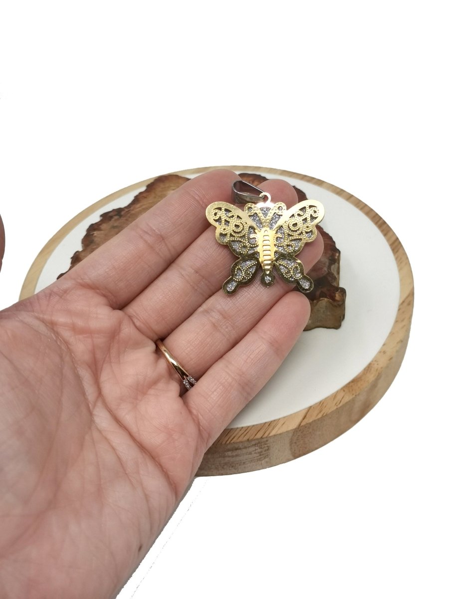 Sparkle Gold Butterfly Pendant Silver Butterfly Charm In Stainless Steel 40x36mm J-738