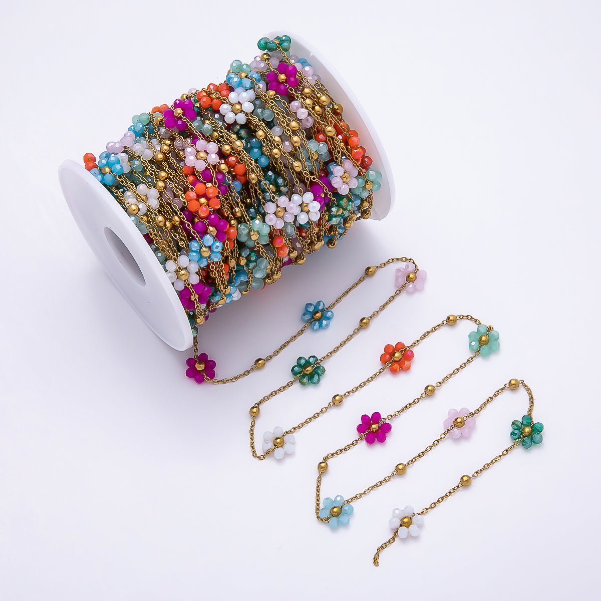 Stainless Steel 3.3mm 10mm Multicolor Multifaceted Crystal Flower Satellite Unfinished Chain by Yard | Roll-01875
