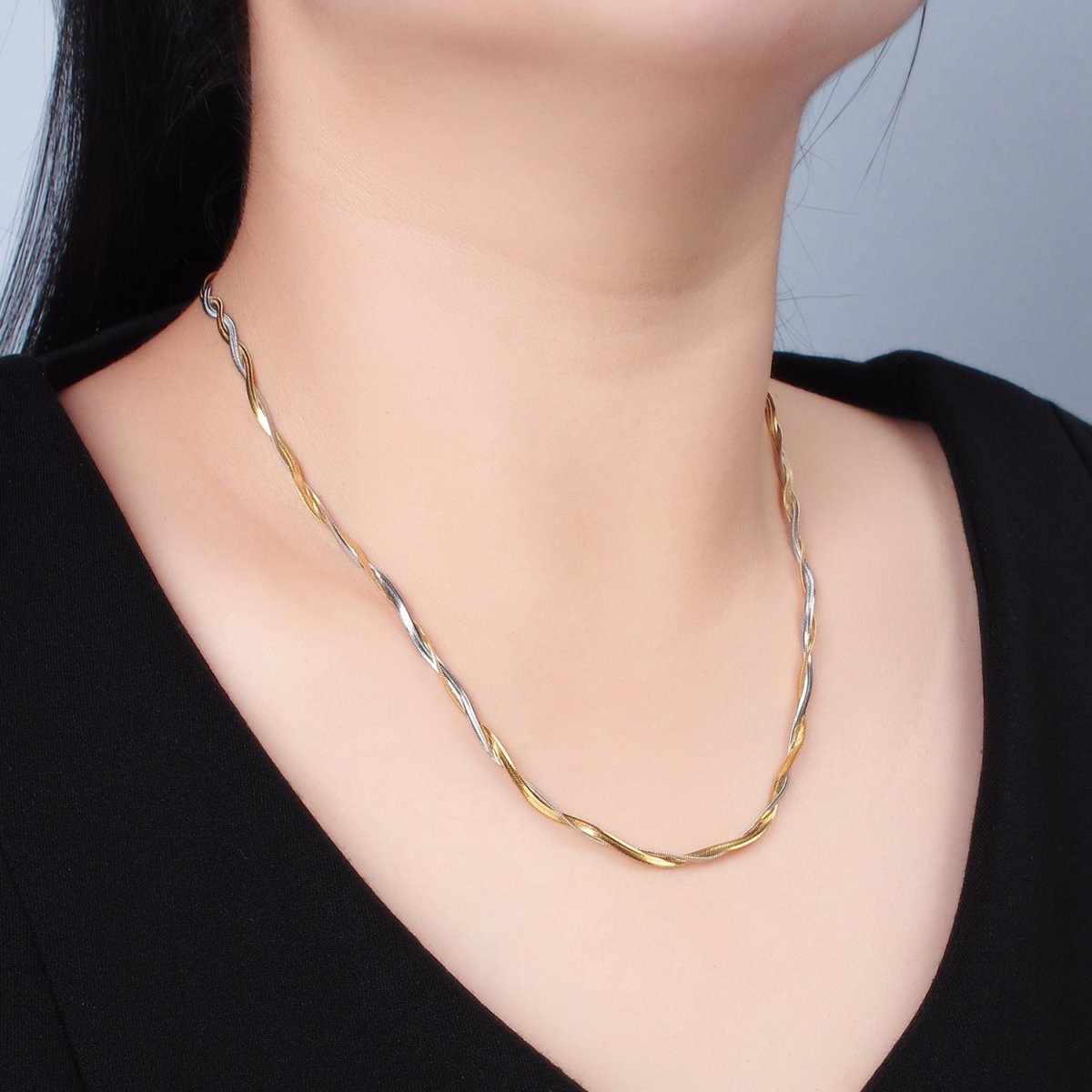Stainless Steel 3.5mm Braided Intertwine Herringbone Chains 18 Inch Necklace in Mixed Metal & Silver | WA-2614 WA-2615