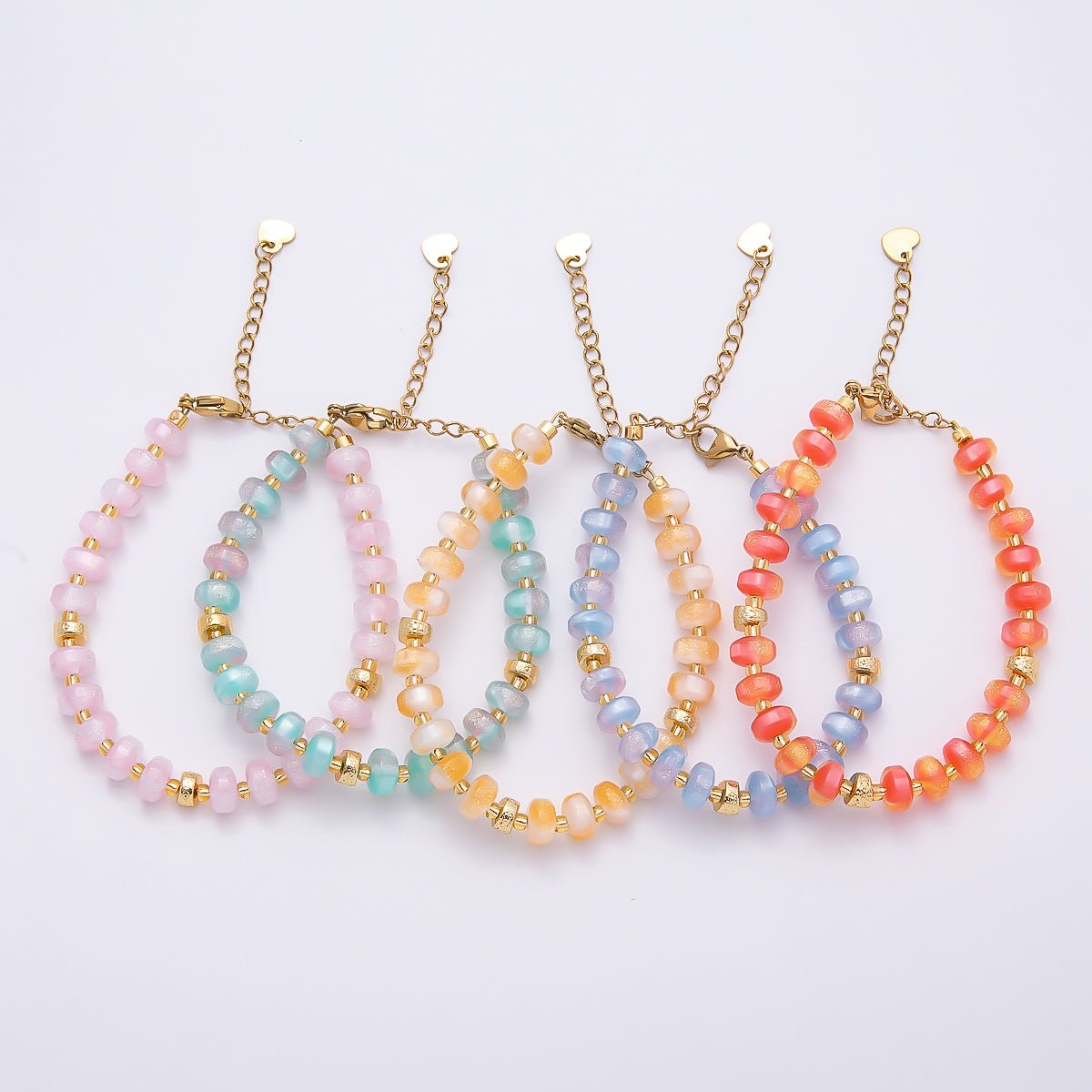 Stainless Steel 8mm Orange, Yellow, Blue, Green, Pink Glitter Rondelle Bead Resin 7 Inch Bracelet w. Extender | WA-04554 ~ WA-04558