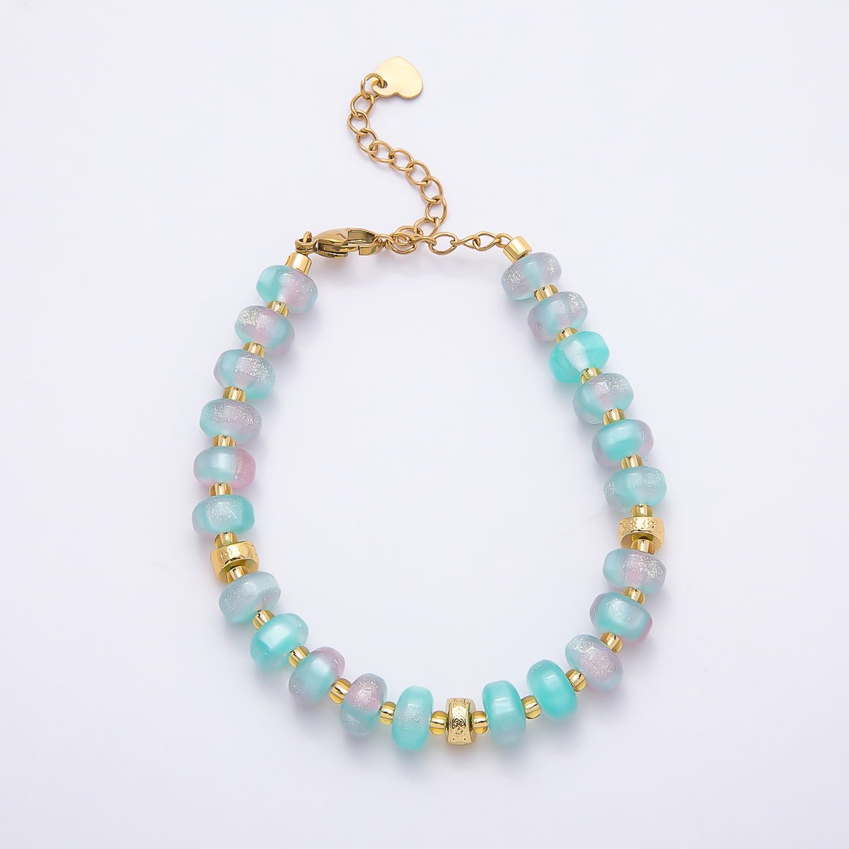 Stainless Steel 8mm Orange, Yellow, Blue, Green, Pink Glitter Rondelle Bead Resin 7 Inch Bracelet w. Extender | WA-04554 ~ WA-04558