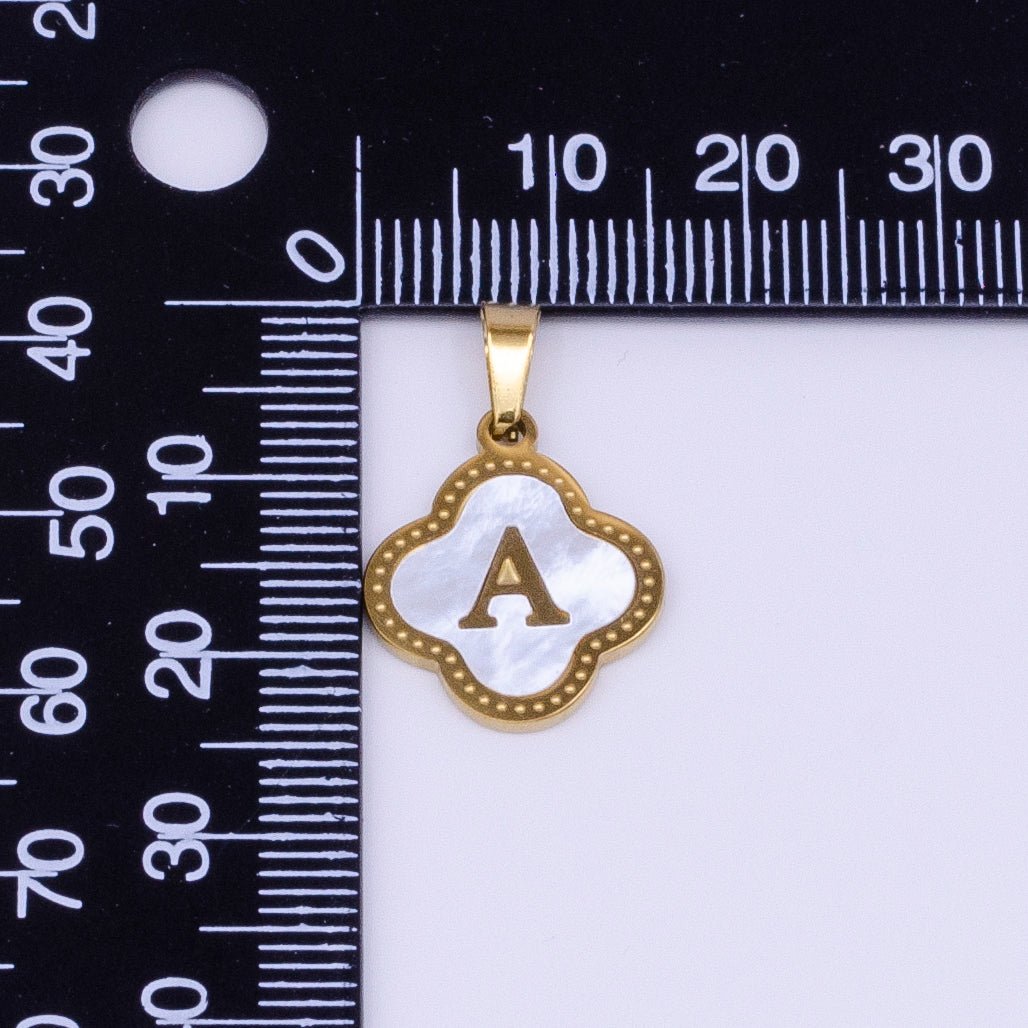Stainless Steel A-Z Initial Letter Shell Pearl Quatrefoil Clover Gold Pendant | A-741-A-753
