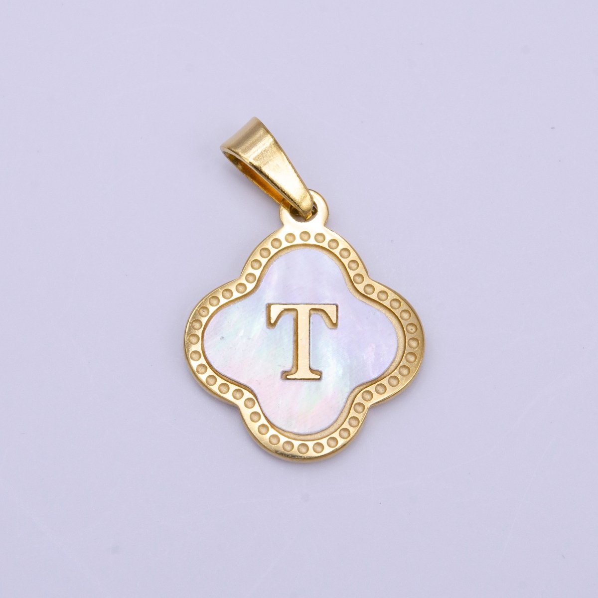 Stainless Steel A-Z Initial Letter Shell Pearl Quatrefoil Clover Gold Pendant | A-741-A-753