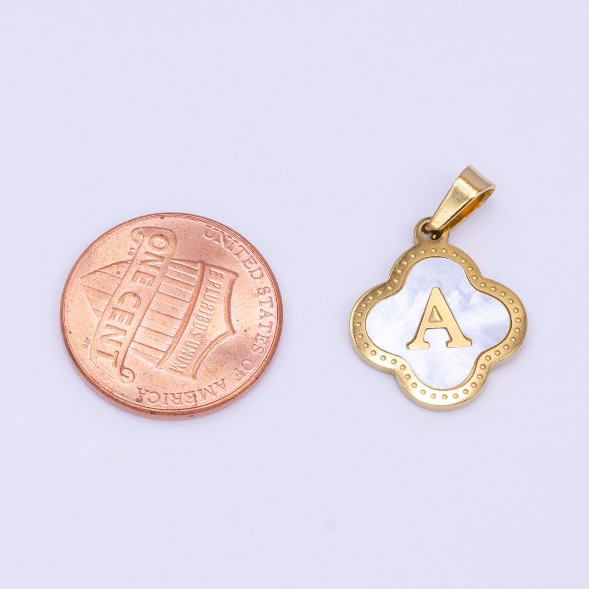 Stainless Steel A-Z Initial Letter Shell Pearl Quatrefoil Clover Gold Pendant | A-741-A-753