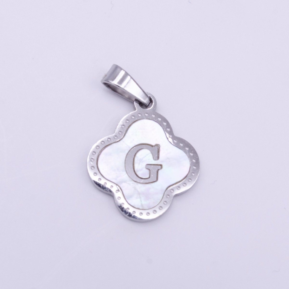 Stainless Steel A-Z Initial Letter Shell Pearl Quatrefoil Clover Silver Pendant Lucky Charm | A-754-A-766