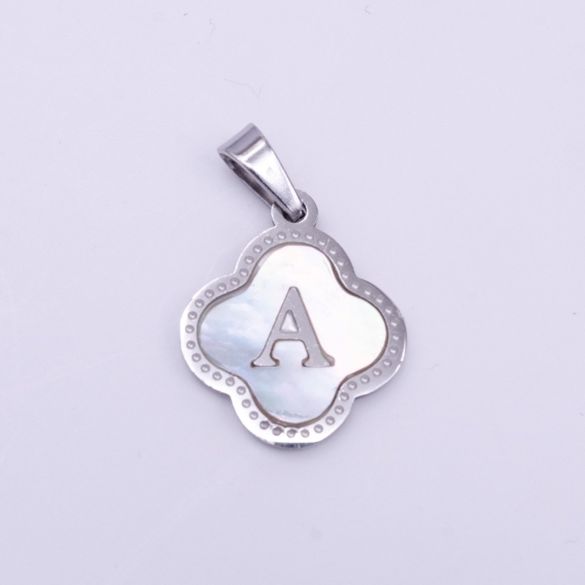 Stainless Steel A-Z Initial Letter Shell Pearl Quatrefoil Clover Silver Pendant Lucky Charm | A-754-A-766