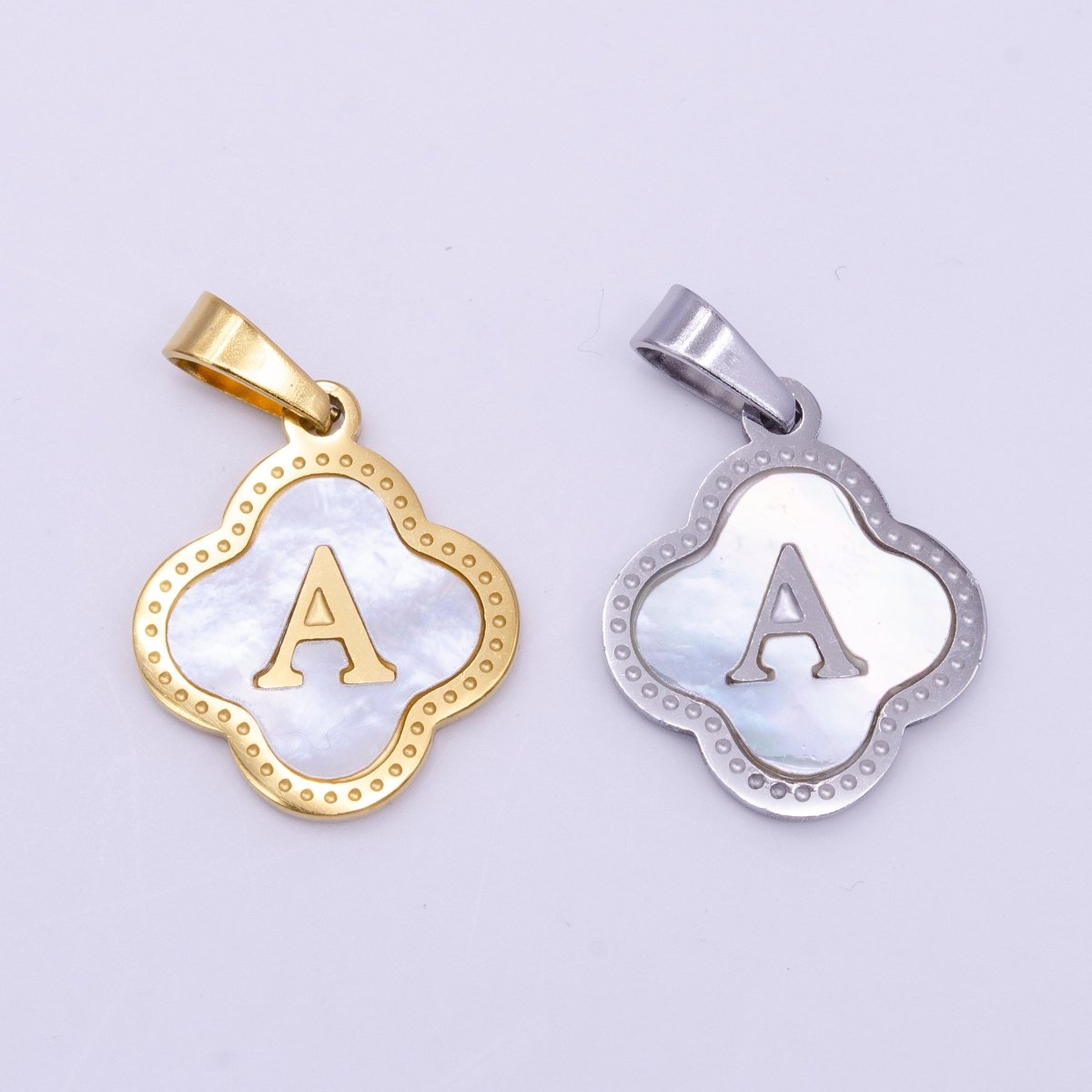 Stainless Steel A-Z Initial Letter Shell Pearl Quatrefoil Clover Silver Pendant Lucky Charm | A-754-A-766