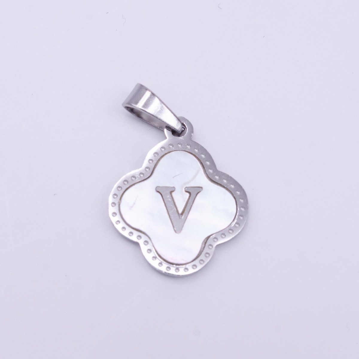 Stainless Steel A-Z Initial Letter Shell Pearl Quatrefoil Clover Silver Pendant Lucky Charm | A-754-A-766