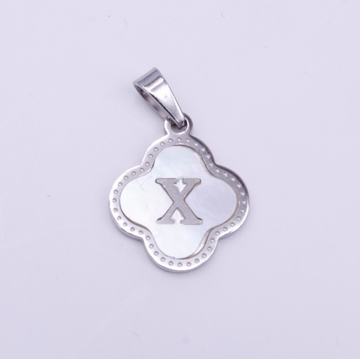Stainless Steel A-Z Initial Letter Shell Pearl Quatrefoil Clover Silver Pendant Lucky Charm | A-754-A-766