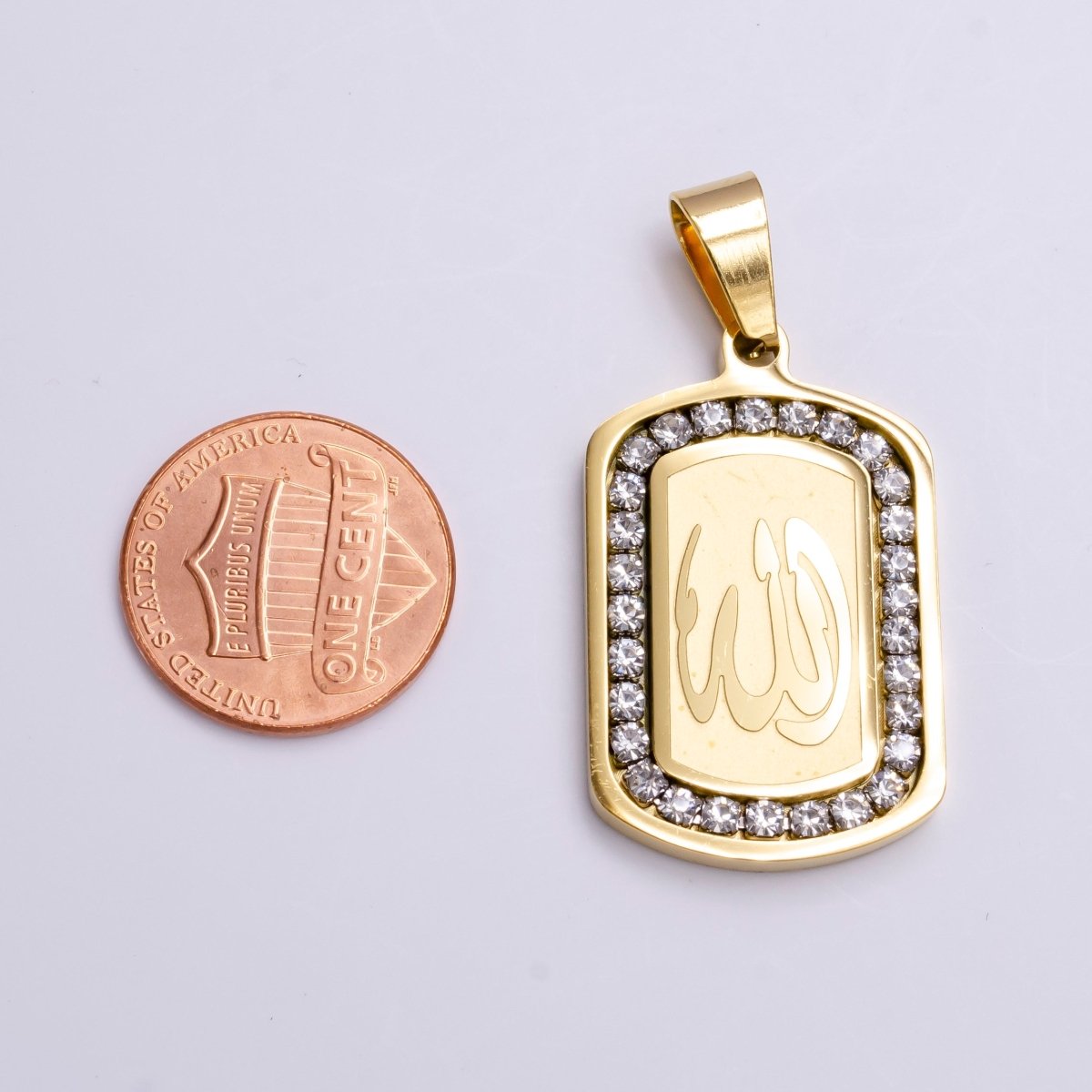 Stainless Steel "Allah" "God" Muslim Arabic Calligraphy CZ Lined Tag Pendant | P-1164