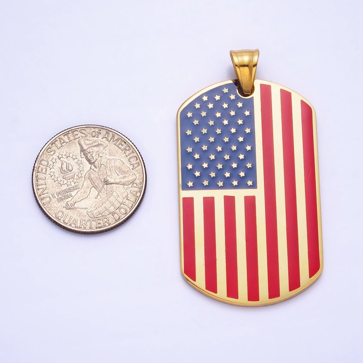 Stainless Steel American Flag Enamel Rectangular Tag Pendant in Gold & Silver | P-1106