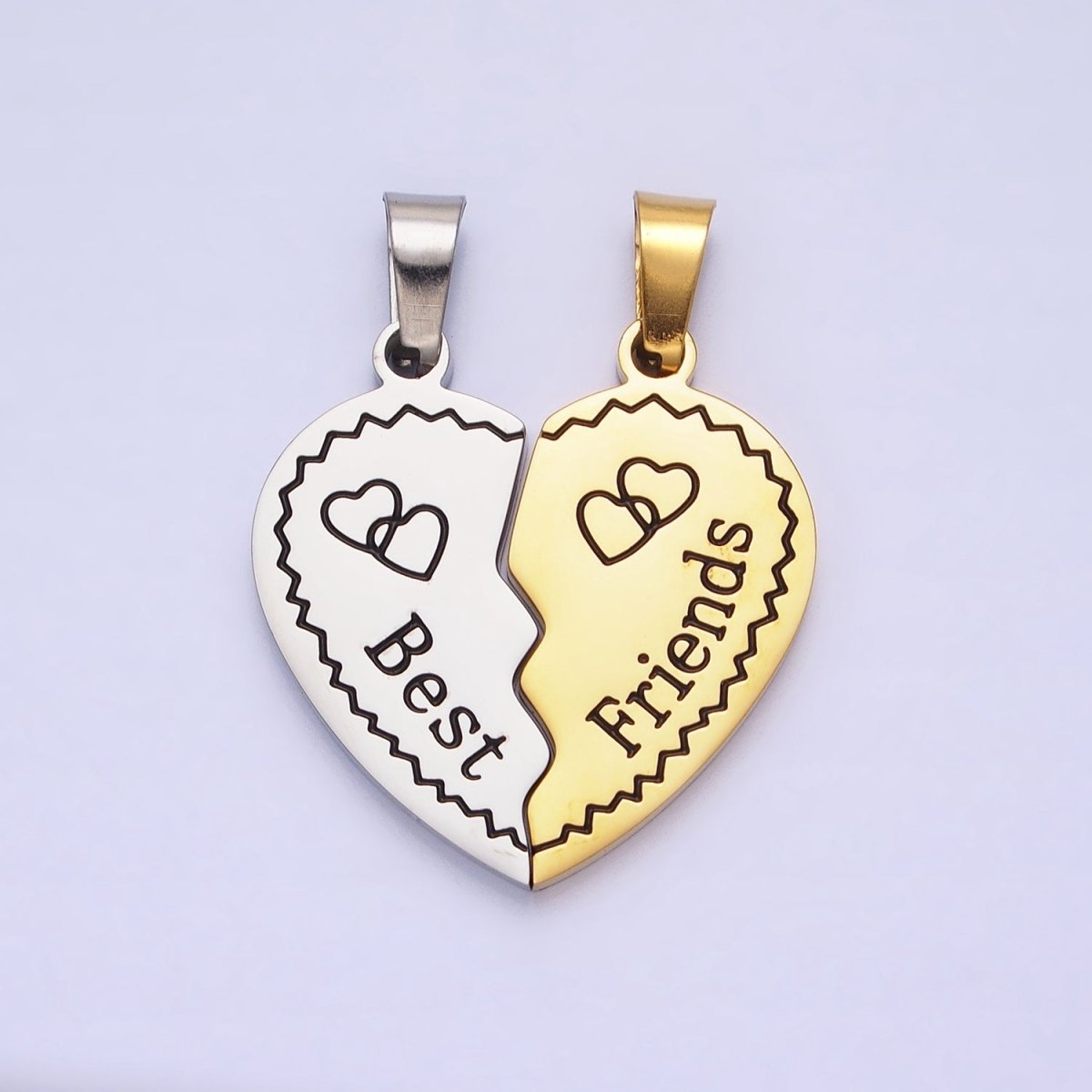 Stainless Steel "Best Friend" Script Engraved Hearts Mixed Metal Friendship Pendant Set | P-1128