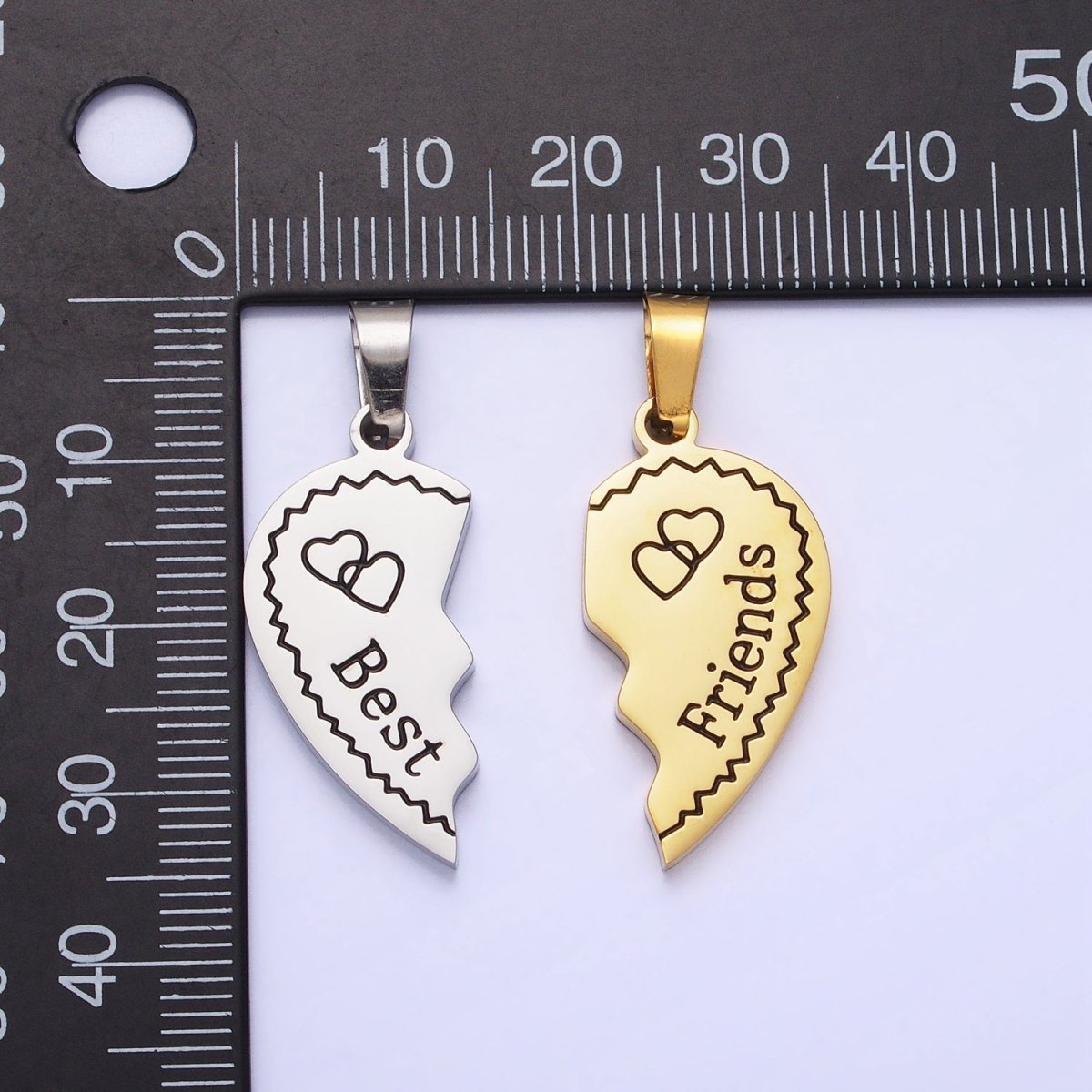 Stainless Steel "Best Friend" Script Engraved Hearts Mixed Metal Friendship Pendant Set | P-1128