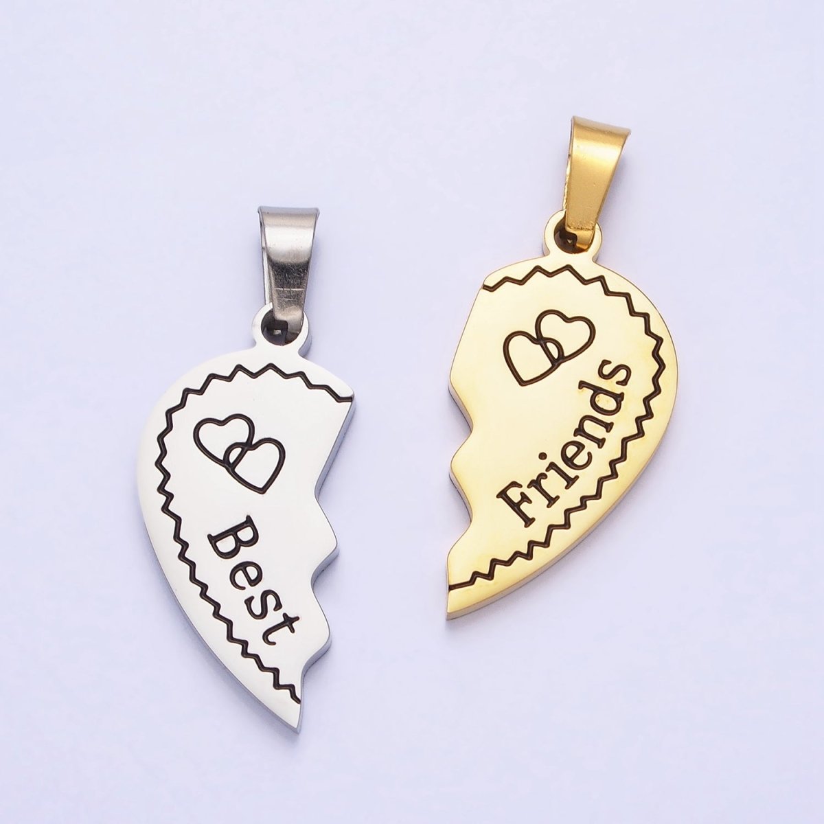 Stainless Steel "Best Friend" Script Engraved Hearts Mixed Metal Friendship Pendant Set | P-1128