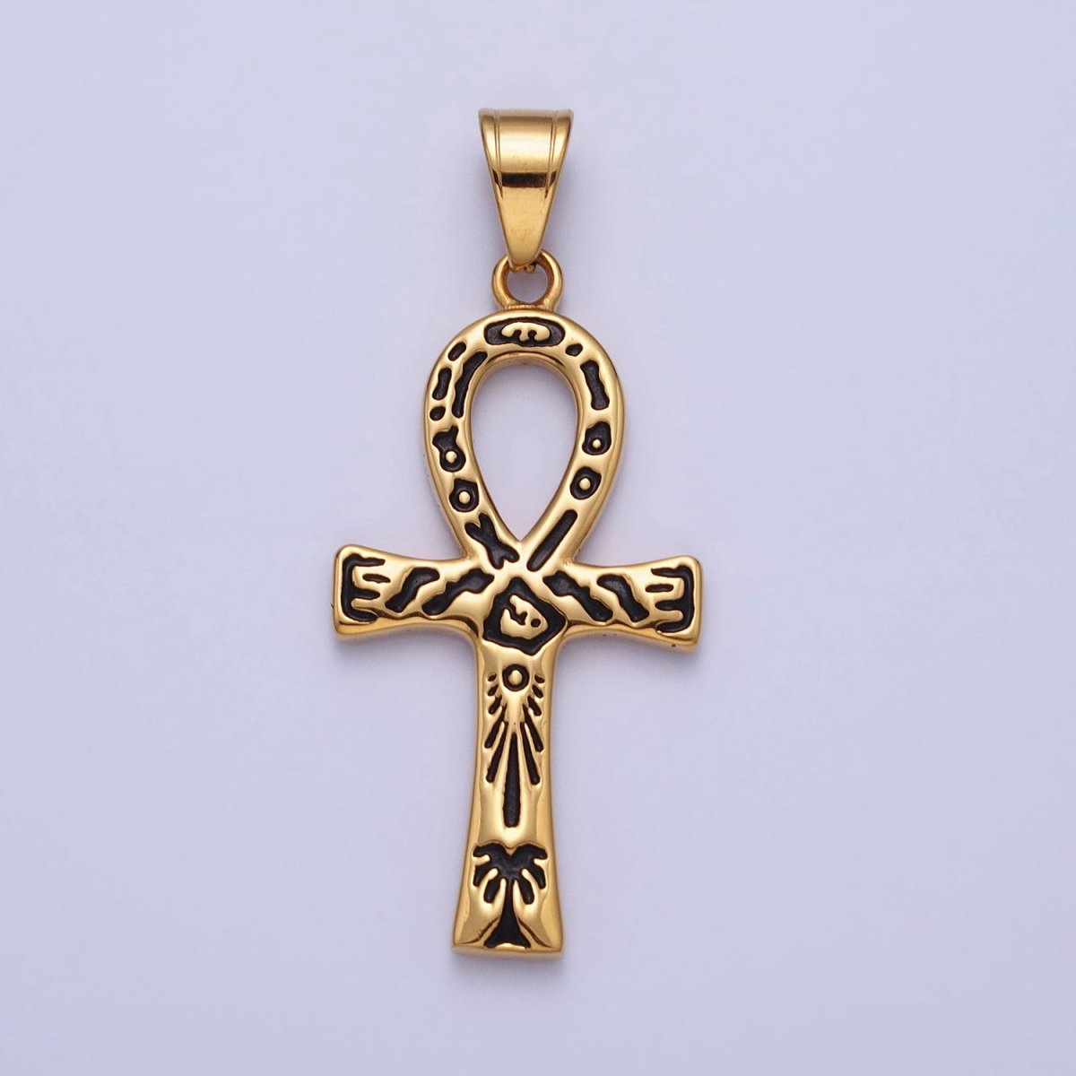 Stainless Steel Black Ceremony Carving Egyptian Ankh Key Cross Gold Pendant J-785