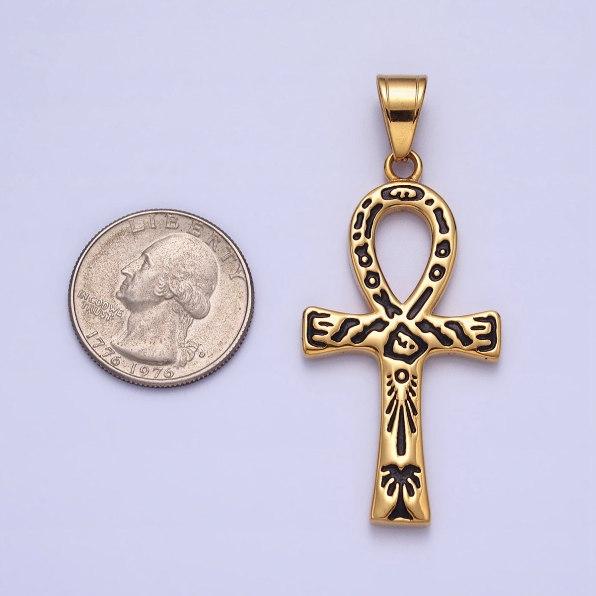 Stainless Steel Black Ceremony Carving Egyptian Ankh Key Cross Gold Pendant J-785