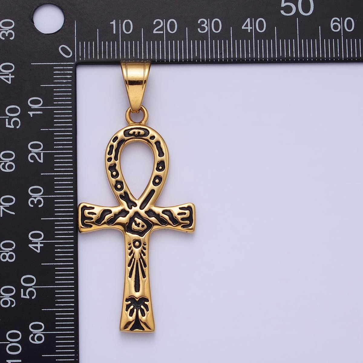 Stainless Steel Black Ceremony Carving Egyptian Ankh Key Cross Gold Pendant J-785