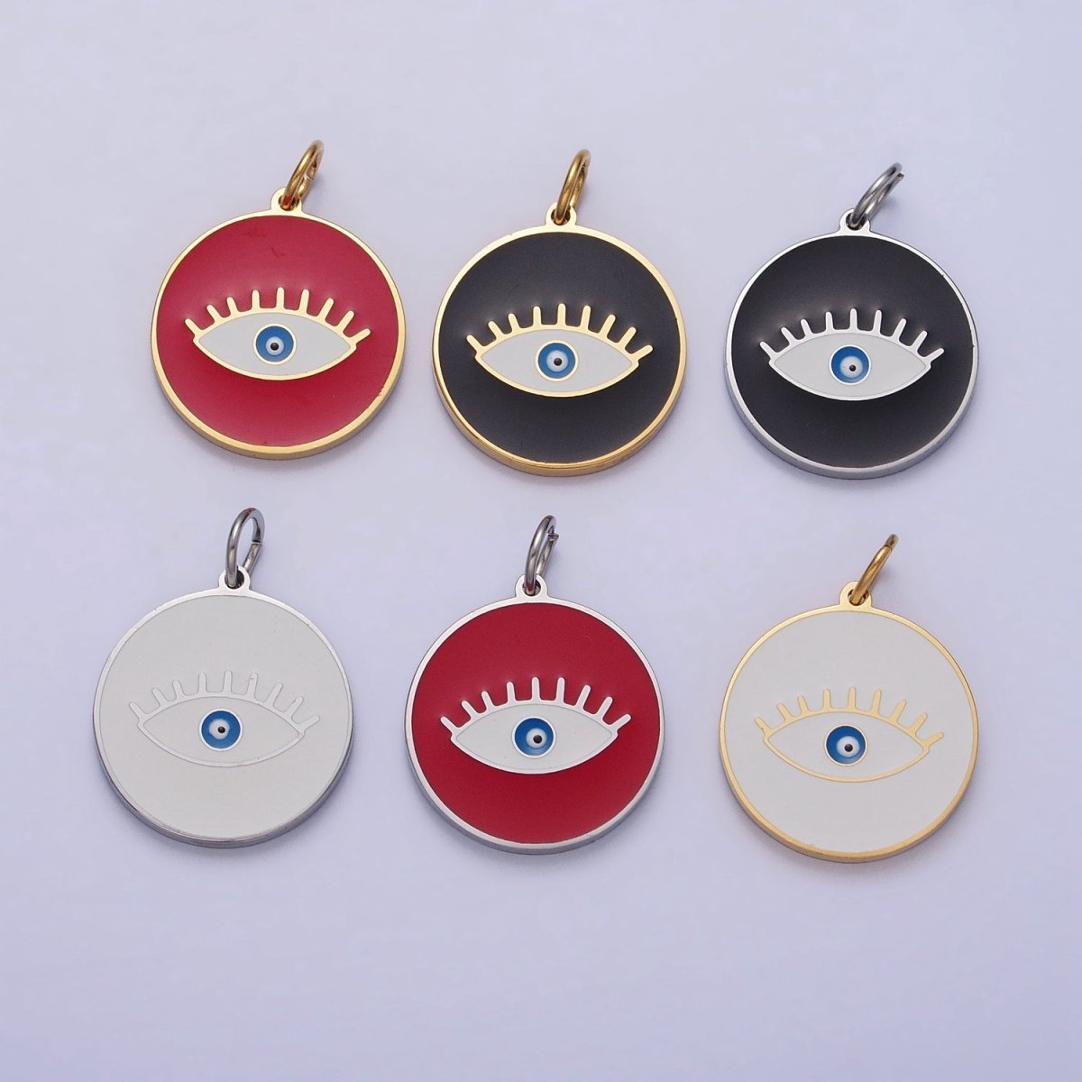 Stainless Steel Blue-Eyed Evil Eye White, Black, Red Round Charm in Gold & Silver | P-1222 P-1223 P-1224