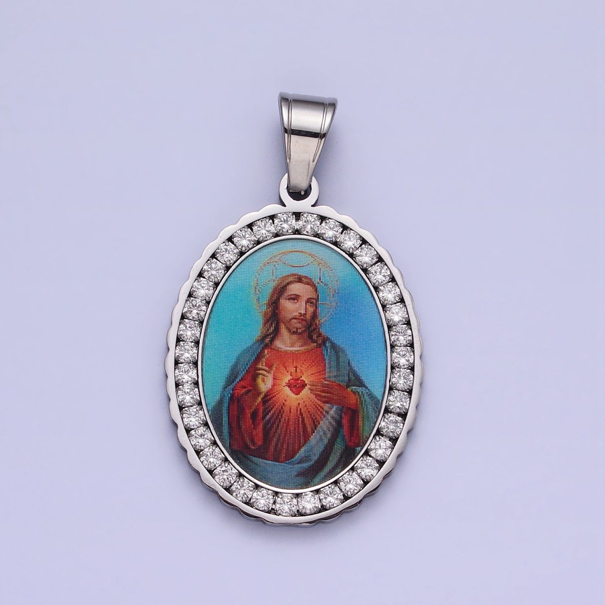 Stainless Steel Blue Jesus Sacred Heart Micro Paved CZ Oval Silver Pendant Religious Jewelry J-782