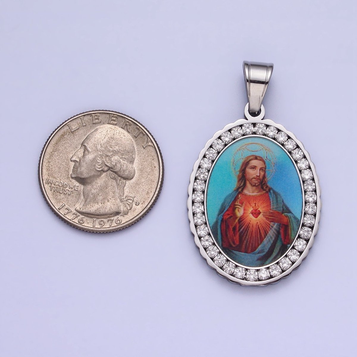 Stainless Steel Blue Jesus Sacred Heart Micro Paved CZ Oval Silver Pendant Religious Jewelry J-782