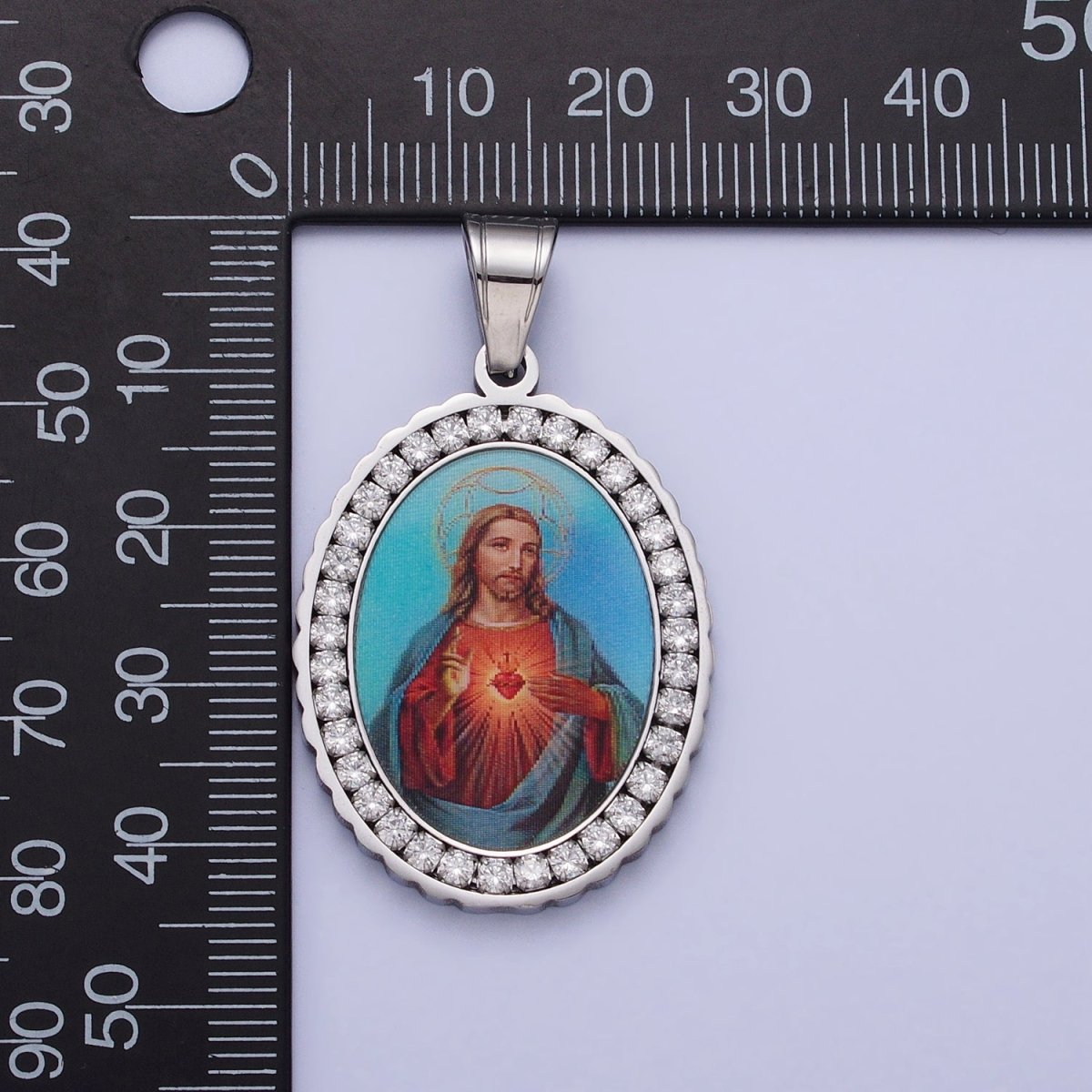 Stainless Steel Blue Jesus Sacred Heart Micro Paved CZ Oval Silver Pendant Religious Jewelry J-782