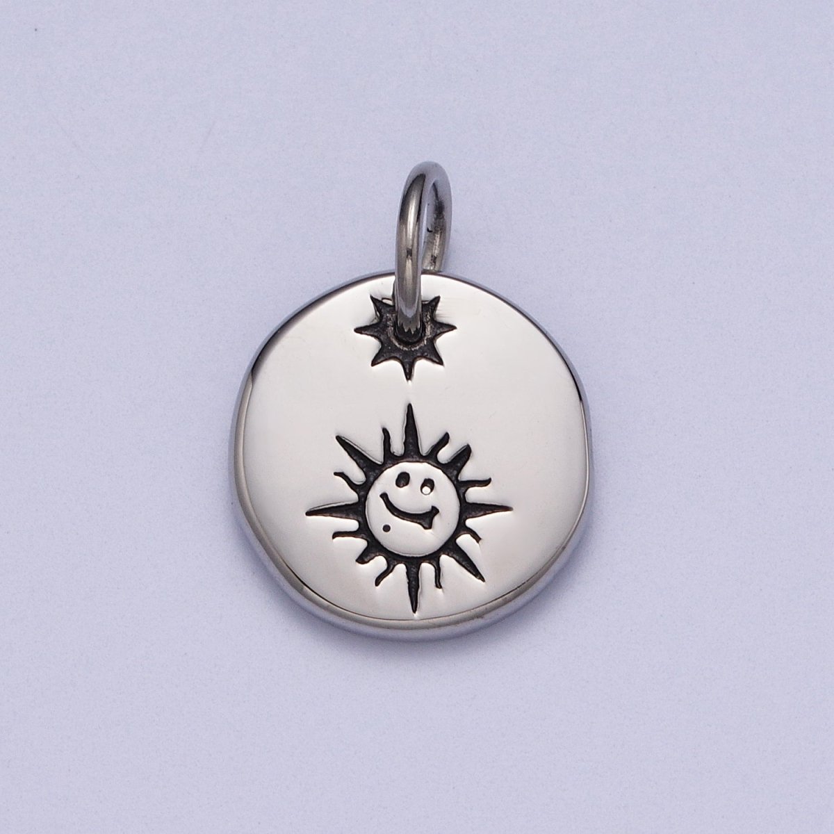 Stainless Steel Celestial Smiley Face Sunshine Star Round Charm  P-615