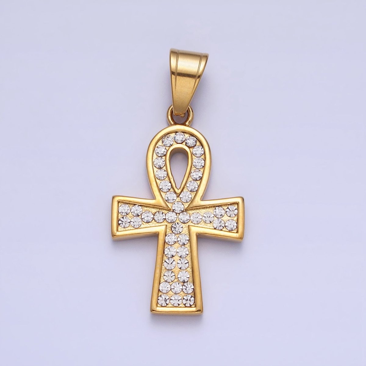 Stainless Steel Clear Micro Paved CZ Egyptian Ankh Key Cross Gold Pendant J-796