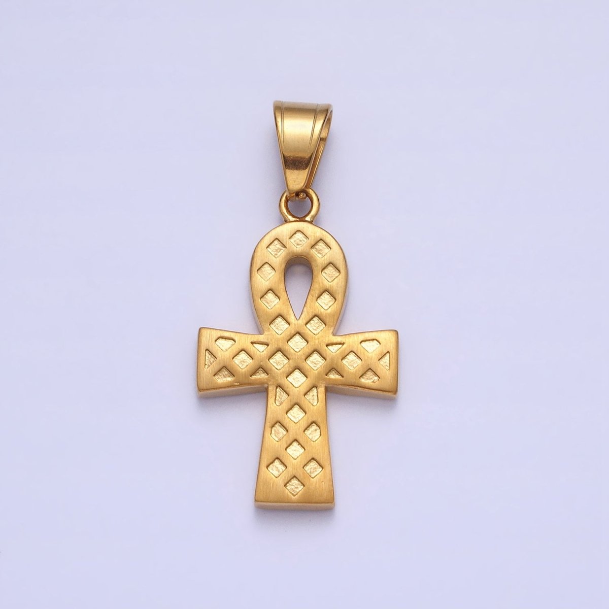 Stainless Steel Clear Micro Paved CZ Egyptian Ankh Key Cross Gold Pendant J-796