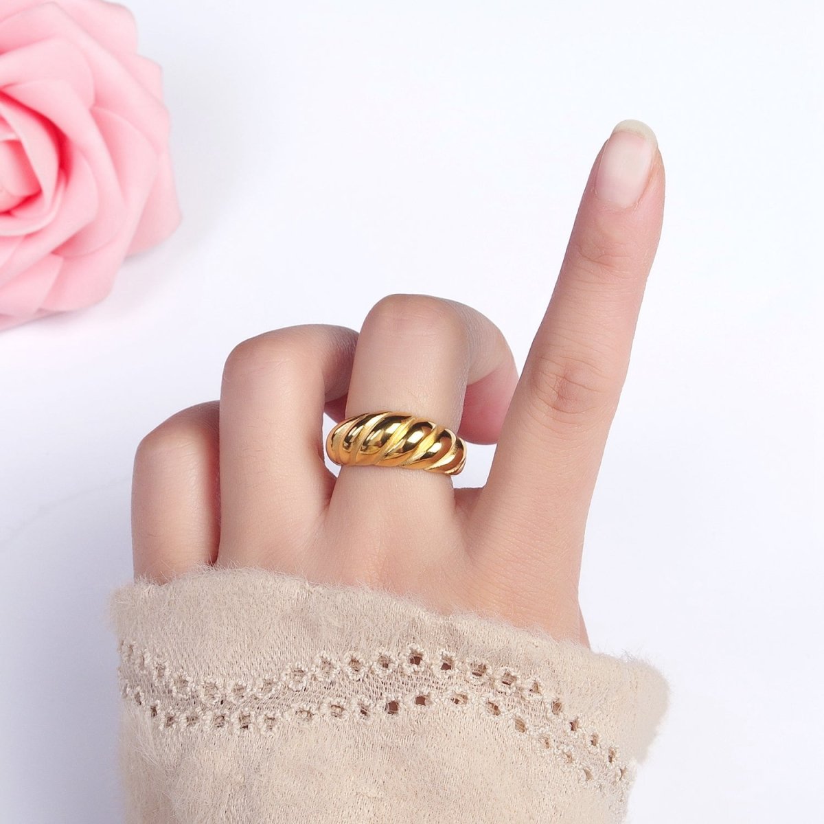 Stainless Steel Croissant Dome Twist Ring in Gold & Silver | O-1633~O-1640