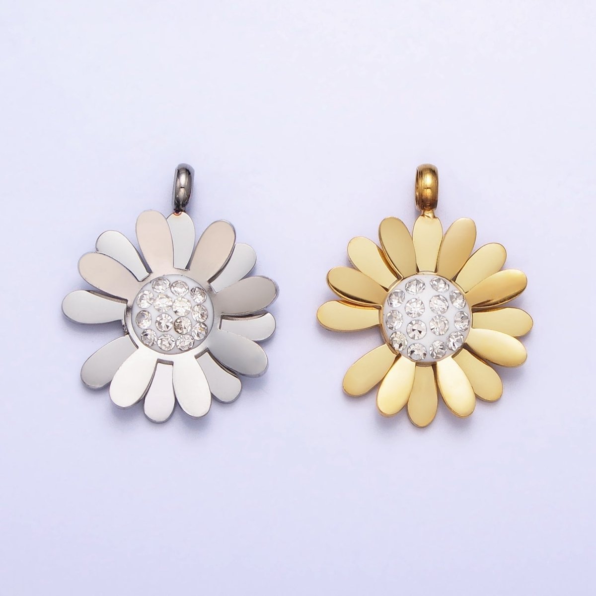 Stainless Steel Daisy Flower Micro Paved Round Summer Spring Charm Pendant in Gold & Silver | P-923