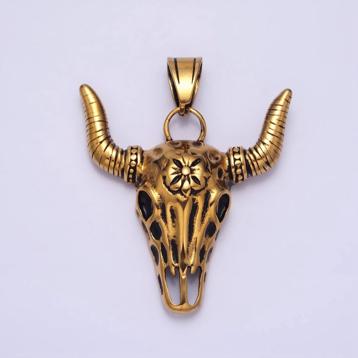 Stainless Steel Flower Line Textured Long-Horned Bull Animal Gold, Silver Pendant | P-1135