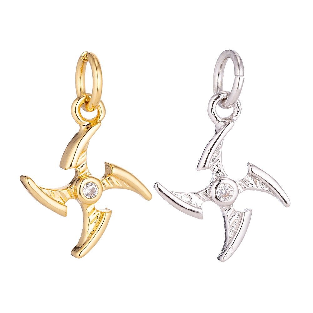 Stainless Steel Gold Silver Pinwheel Dainty Shuriken Ninja Star Cubic Zirconia Bracelet Charm Necklace Pendant Findings for Jewelry Making E-650