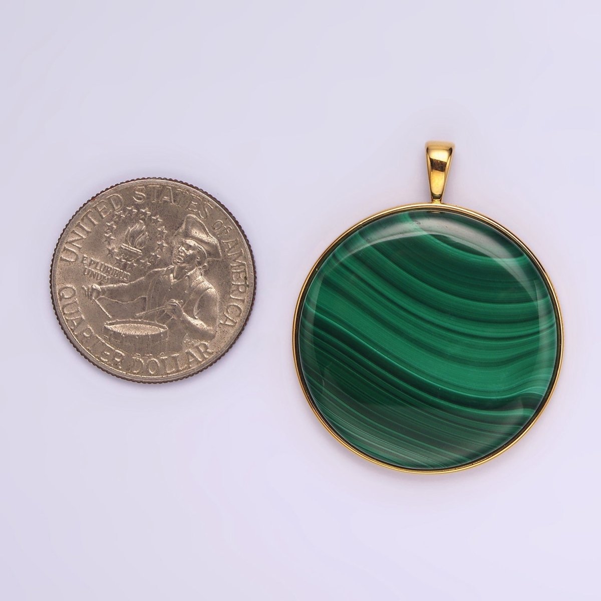 24k Gold Filled Green Malachite Minimalist Bezel  Round Pendant | AA-1459